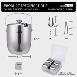 3 qt. Silver Stainless Steel Double Wall Insulated Ice Bucket Set with Lid Tongs Scoop and 4 Reusable Ice Cubes by VIVOHOME -Bar Accessories Sales vivohome ice buckets x0020chkkf 1f 1000