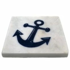 4-Piece White Marble and Navy Blue Anchor Coasters by Unbranded -Bar Accessories Sales whites coasters 65260 4f 1000