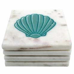 4-Piece White Marble and Aqua Shell Coasters by Unbranded