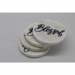 White Marble Screened Uneven "Blessed" Round Coasters (4-Piece Set) by Jodhpuri