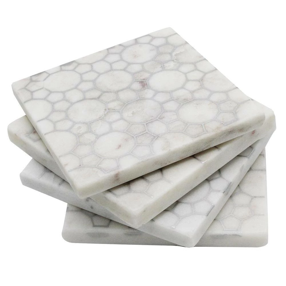 White Marble with Silver Print Design Coasters (4-Piece Set) by Unbranded 2 White Marble with Silver Print Design Coasters (4-Piece Set) by Unbranded - Image 2