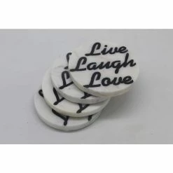 White Marble Screened "LOVE, LAUGH, LOVE" Round Coasters (4 pc set) by Jodhpuri
