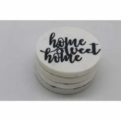 White Marble Screened "HOME SWEET HOME" Round Coasters (4 pc set) by Jodhpuri