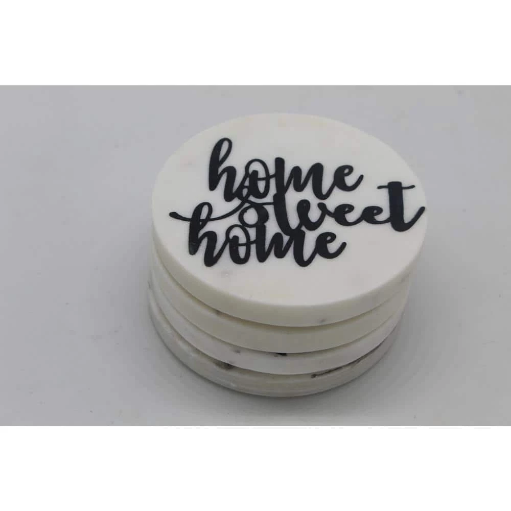 White Marble Screened "HOME SWEET HOME" Round Coasters (4 pc set) by Jodhpuri 1 White Marble Screened "HOME SWEET HOME" Round Coasters (4 pc set) by Jodhpuri