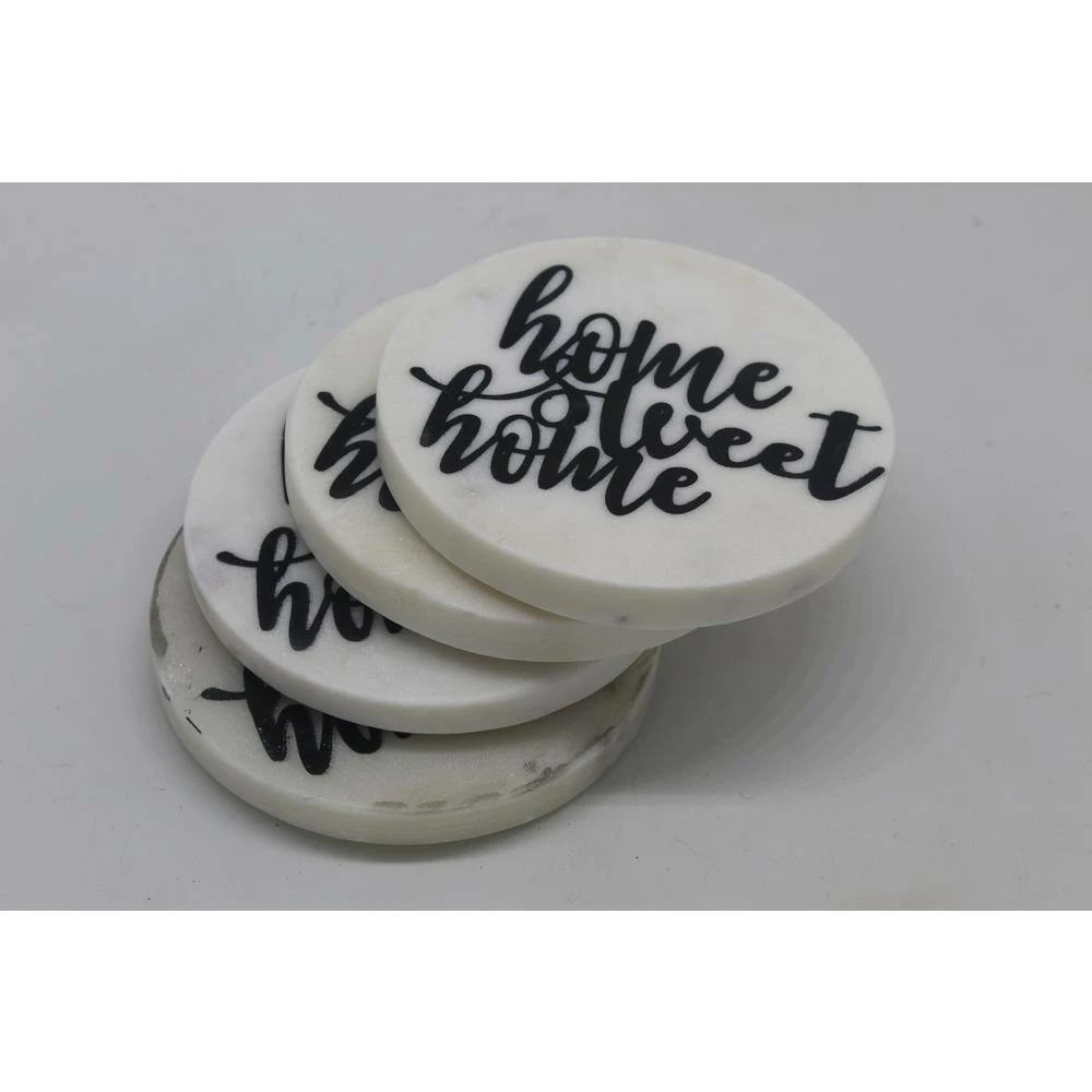 White Marble Screened "HOME SWEET HOME" Round Coasters (4 pc set) by Jodhpuri 2 White Marble Screened "HOME SWEET HOME" Round Coasters (4 pc set) by Jodhpuri - Image 2