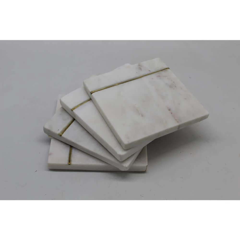 White Marble Coasters With Matte Brass Inlay (4 pc set) by Jodhpuri 1 White Marble Coasters With Matte Brass Inlay (4 pc set) by Jodhpuri